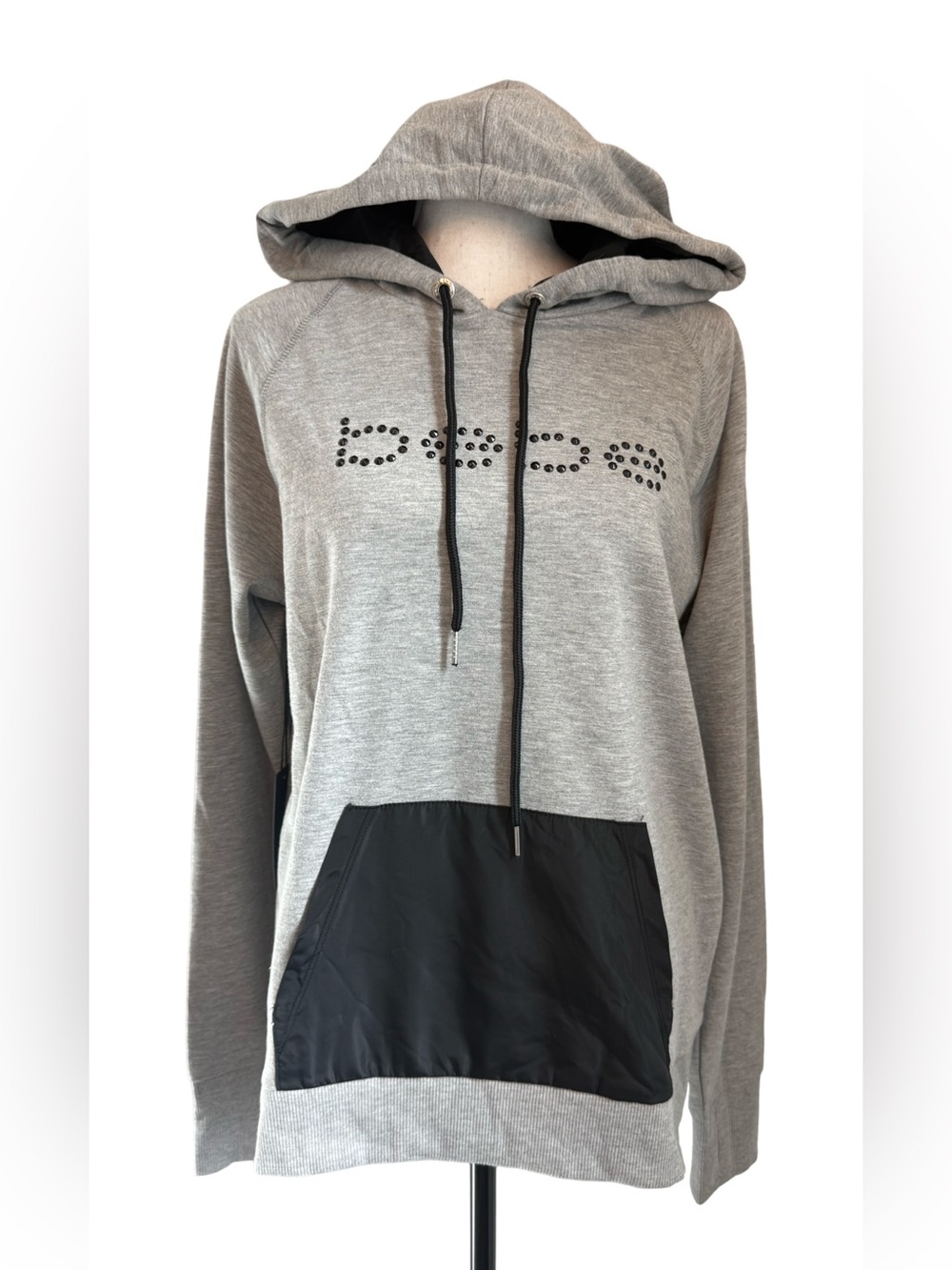 Bebe Sport XL Gray Rhinestone Logo Hoodie Pullover Kangaroo Pocket NWT